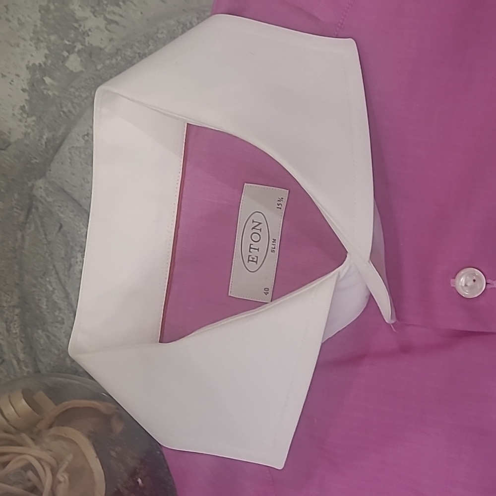 Eton Mens Slim Semi-Twill Contrast Collar Pink Dress Shirt Like New 15 3/4 - Picture 4 of 12